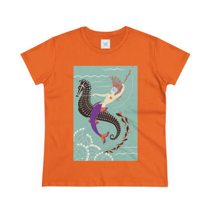 Mermaid on Seahorse Women's Midweight Cotton Tee – Dreamy Ocean Fantasy