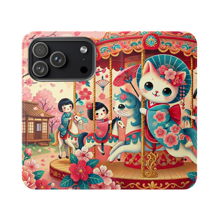🎠🌸 Geisha Kitten's Enchanted Carousel Flip Case – Whimsical Dreams & Cherry Blossom Magic