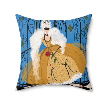 🎭🌹 The Lady At The Masquerade Gates Square Pillow – Art Deco Fashion Illustration