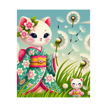 🌾🌼 Geisha Kitten and the Dandelion Wish Matte Vertical Poster – Gentle Wishes & Quiet Wonder