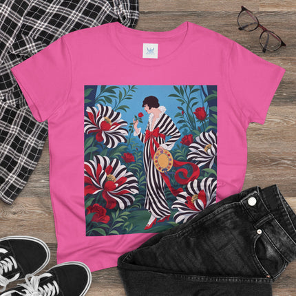 ❤️🌹 The Scarlet Striped Garden Cotton Tee – Art Deco Fashion Illustration