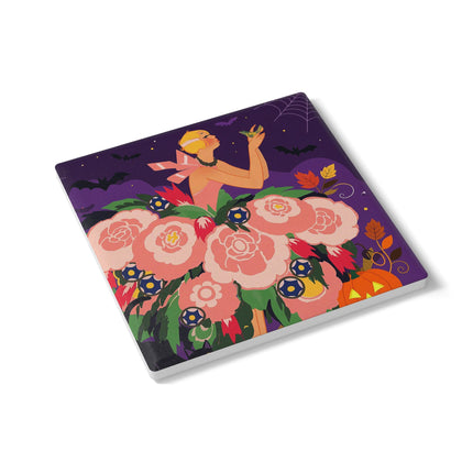 🌹🎃 The Lady Of The Haunted Rose Garden Ceramic Coaster – Romantic Halloween Charm