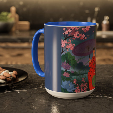 The Lady Of The Cherry Blossoms Colorful Mugs – Art Deco Spring Elegance