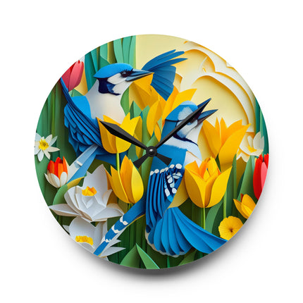 Blue Jays in a Spring Garden Acrylic Wall Clock, Round and Square