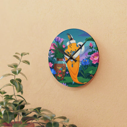 🌺✨ The Lady Of The Golden Lotus Garden Acrylic Wall Clock – Art Deco Floral Fantasy