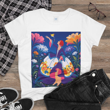 🐦🌸 The Enchanted Birdsong Cotton Tee – Art Deco Garden Whimsy