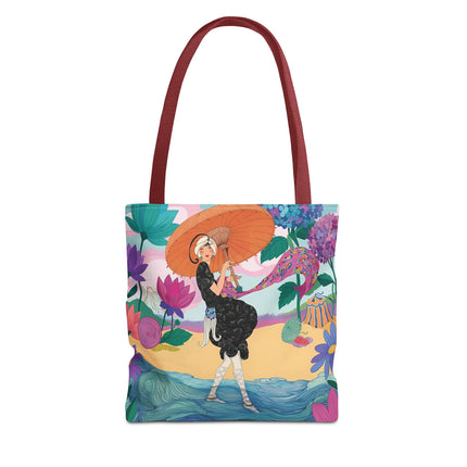 ☂️🌺 The Lady Of The Seaside Parasol Tote Bag – Art Deco Floral Fashion