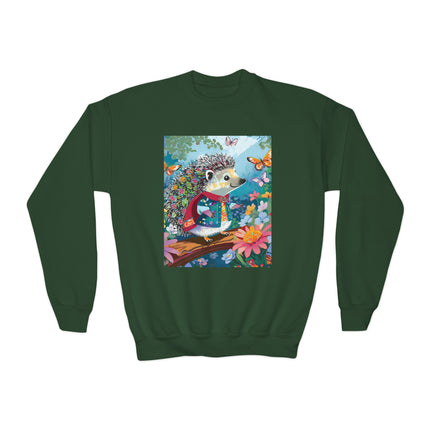 Cute Hedgehog Youth Crewneck Sweatshirt – Garden Adventure & Whimsical Charm