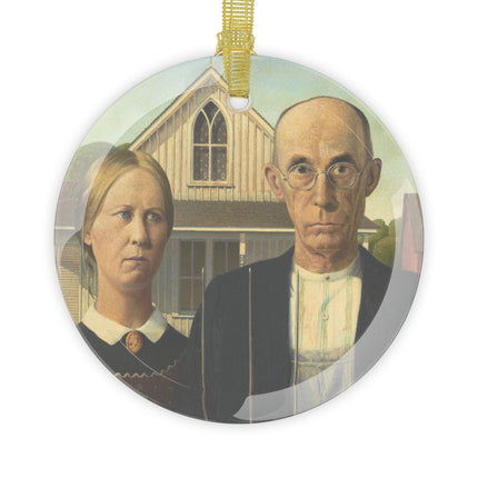 American Gothic by Grant Wood Glass Ornament