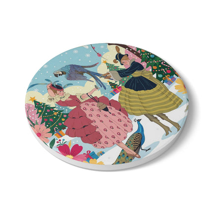 🦜🎄 The Christmas Parrot Promenade Ceramic Coaster – Art Deco Holiday Fantasy
