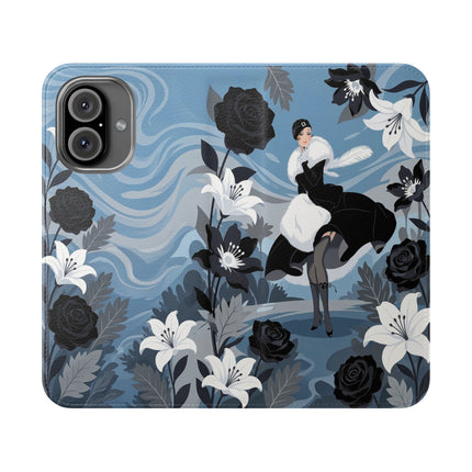 🖤🤍 The Lady Of The Black Rose Garden Flip Case – Art Deco Floral Elegance