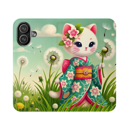 🌾🌼 Geisha Kitten and the Dandelion Wish Flip Case – Gentle Wishes & Quiet Wonder