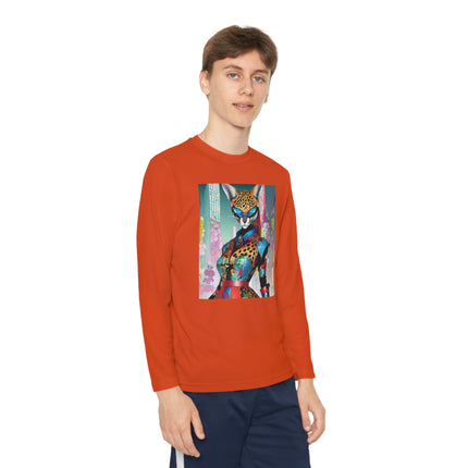 Cyber Cat Glamour Youth Long Sleeve Competitor Tee – Neon Elegance & Futuristic Style
