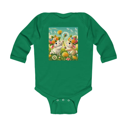 Springtime Bunny Friends Baby Long Sleeve Bodysuit – Playful Meadow Bunny Design