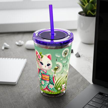Geisha Kitten and the Dandelion Wish Sunsplash Tumbler with Straw, 16oz