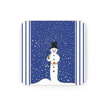 Snowman in Falling Snow Cork Back Coaster