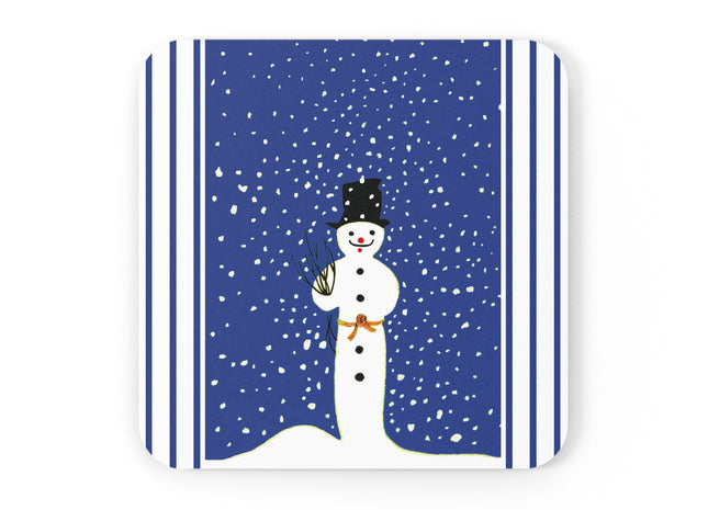 Snowman in Falling Snow Cork Back Coaster