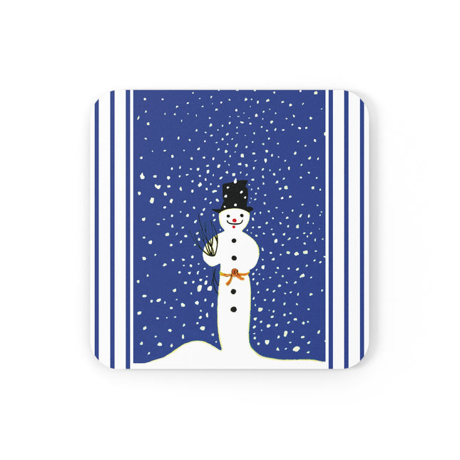Snowman in Falling Snow Cork Back Coaster