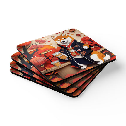 Shiba Inu at an Autumn Harvest Fair Corkwood Coaster Set