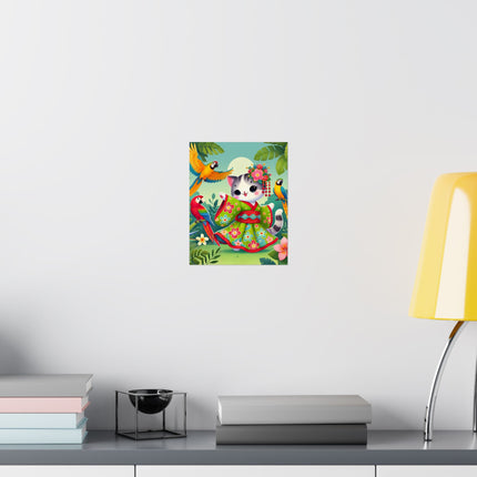 🦜🐱 Parrot Dance of the Geisha Kitten Matte Vertical Poster – Tropical Whimsy & Colorful Charm