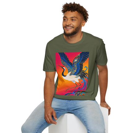 🪽🌅 The Celestial Crane Softstyle T-Shirt – Art Deco Wings Of Elegance