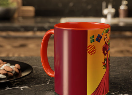 Elegant Holiday Woman with Gifts Colorful Mugs (11oz, 15oz)