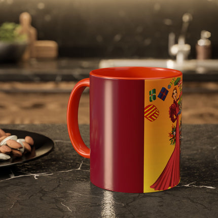 Elegant Holiday Woman with Gifts Colorful Mugs (11oz, 15oz)