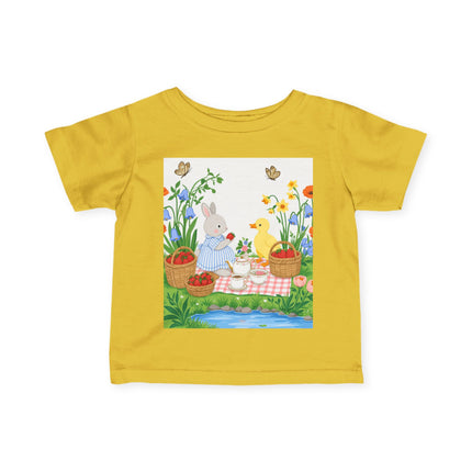 🐰🦆 The Little Strawberry Picnic Friends Infant Fine Jersey Tee – Whimsical Woodland Charm