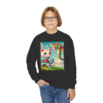 Geisha Kitten and the Dragon Kite Youth Crewneck Sweatshirt – Freedom, Motion & Playful Spirit