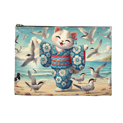 Geisha Kitten by the Seaside Accessory Pouch – Coastal Whimsy & Serene Grace