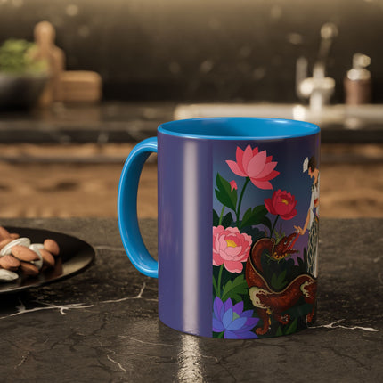 The Lady And The Garden Dragon Colorful Mugs – Art Deco Mythical Botanical Elegance
