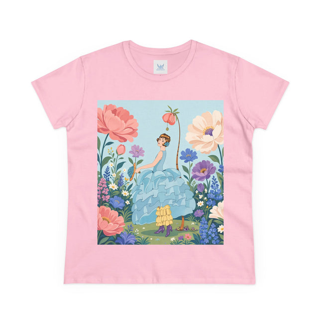 🌸🩵 The Blue Ruffle Garden Cotton Tee – Art Deco Floral Whimsy