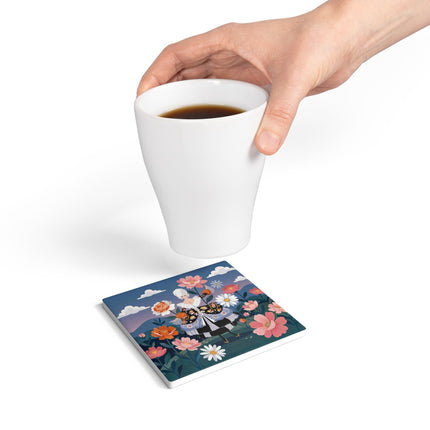🌸🎀 The Grand Floral Promenade Ceramic Coaster – Art Deco Fashion Fantasy