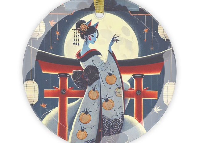 Kitsune Woman on Torii Gate Glass Ornament