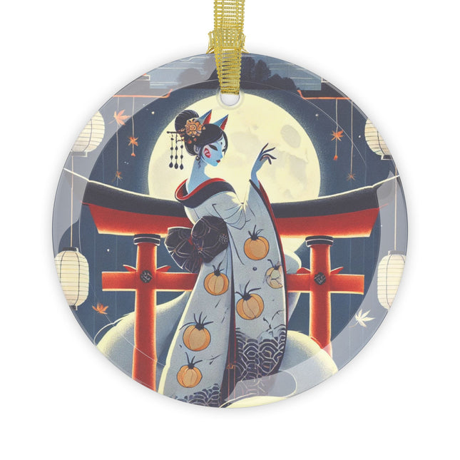Kitsune Woman on Torii Gate Glass Ornament