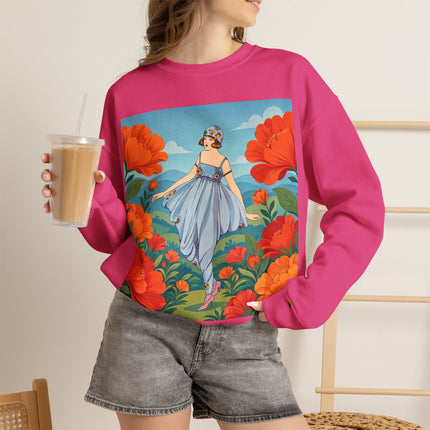 🌺🩵 The Poppy Hill Promenade Crewneck Sweatshirt – Art Deco Fashion Whimsy