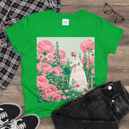 🌸💧 The Rose Garden Watering Cotton Tee – Art Deco Floral Whimsy