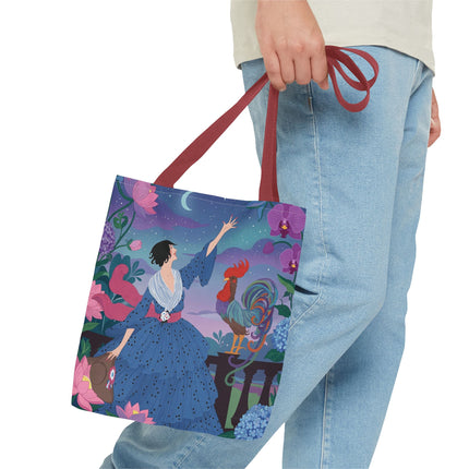 🌙🐓 The Lady Of The Moonlit Rooster Garden Tote Bag – Art Deco Floral Fantasy
