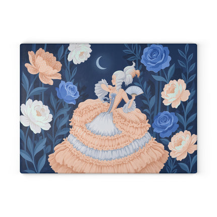 🌙🌹 The Lady Of The Moonlit Blue Rose Garden Glass Cutting Board – Art Deco Floral Elegance