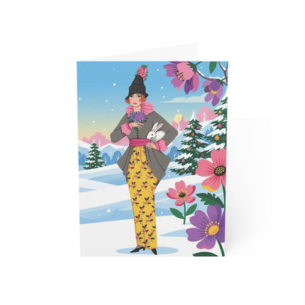🐇🌸 The Lady Of The Winter Rabbit Greeting Card – Art Deco Holiday Fantasy