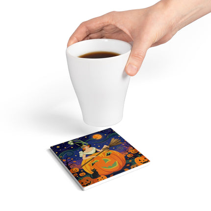🧙‍♀️🎃 The Witch Of Pumpkin Moon Hollow Ceramic Coaster – Whimsical Halloween Magic