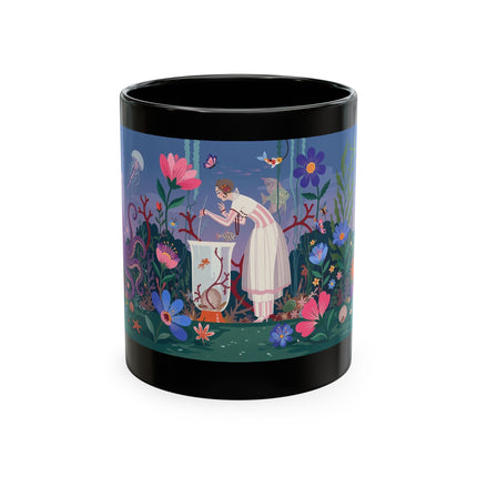 🐠🌸 The Lady Of The Underwater Flower Garden Ceramic Mug – Art Deco Aquatic Whimsy