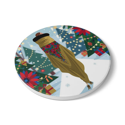 🎄🌺 The Lady Of The Christmas Shawl Ceramic Coaster – Art Deco Holiday Elegance