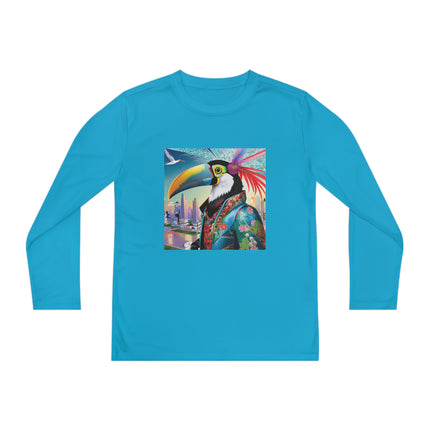 Cyber Toucan Chic Youth Long Sleeve Competitor Tee – Neon Feathers & Futuristic Style