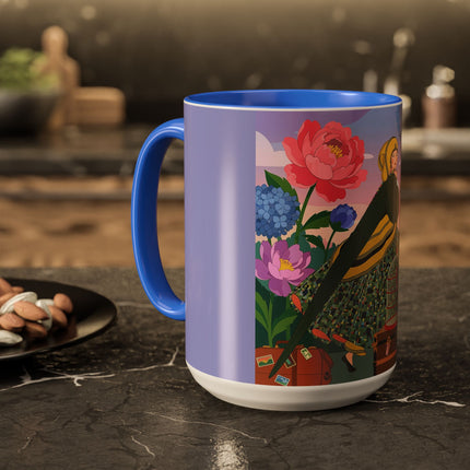 The Lady And The Crimson Birdcage Colorful Mugs – Art Deco Tropical Garden Elegance