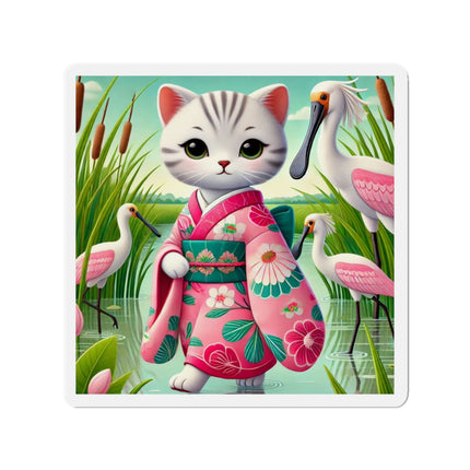 Geisha Kitten Strolls Among the Spoonbills Die-Cut Magnets (5 Sizes)