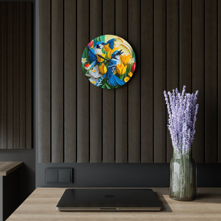 Blue Jays in a Spring Garden Acrylic Wall Clock, Round and Square
