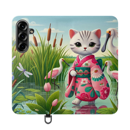 🦩🌸 Geisha Kitten Strolls Among the Spoonbills Flip Case – Serene Grace & Marshland Wonder