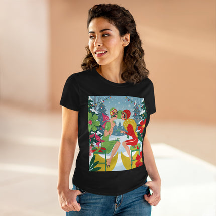 ☕❄️ Christmas Tea In The Snow Garden Cotton Tee – Art Deco Holiday Friendship