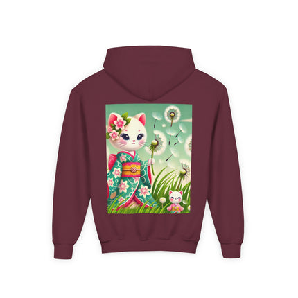 Geisha Kitten and the Dandelion Wish Youth Hooded Sweatshirt – Soft Dreams & Gentle Wonder